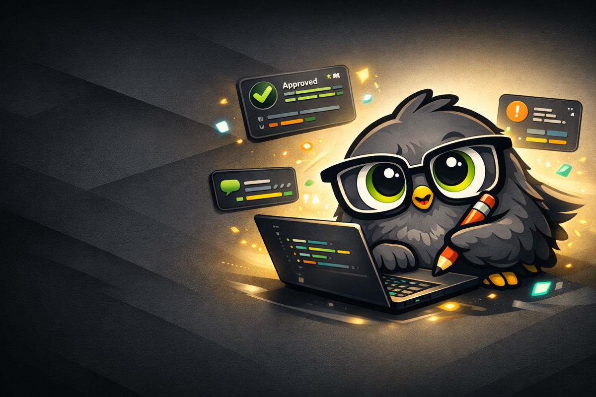 Nitpickr mascot reviewing code on a laptop